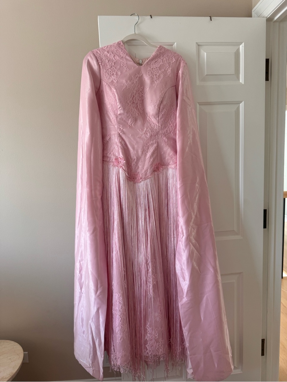 Custom Pink French Lace & Fringe Evening Dress